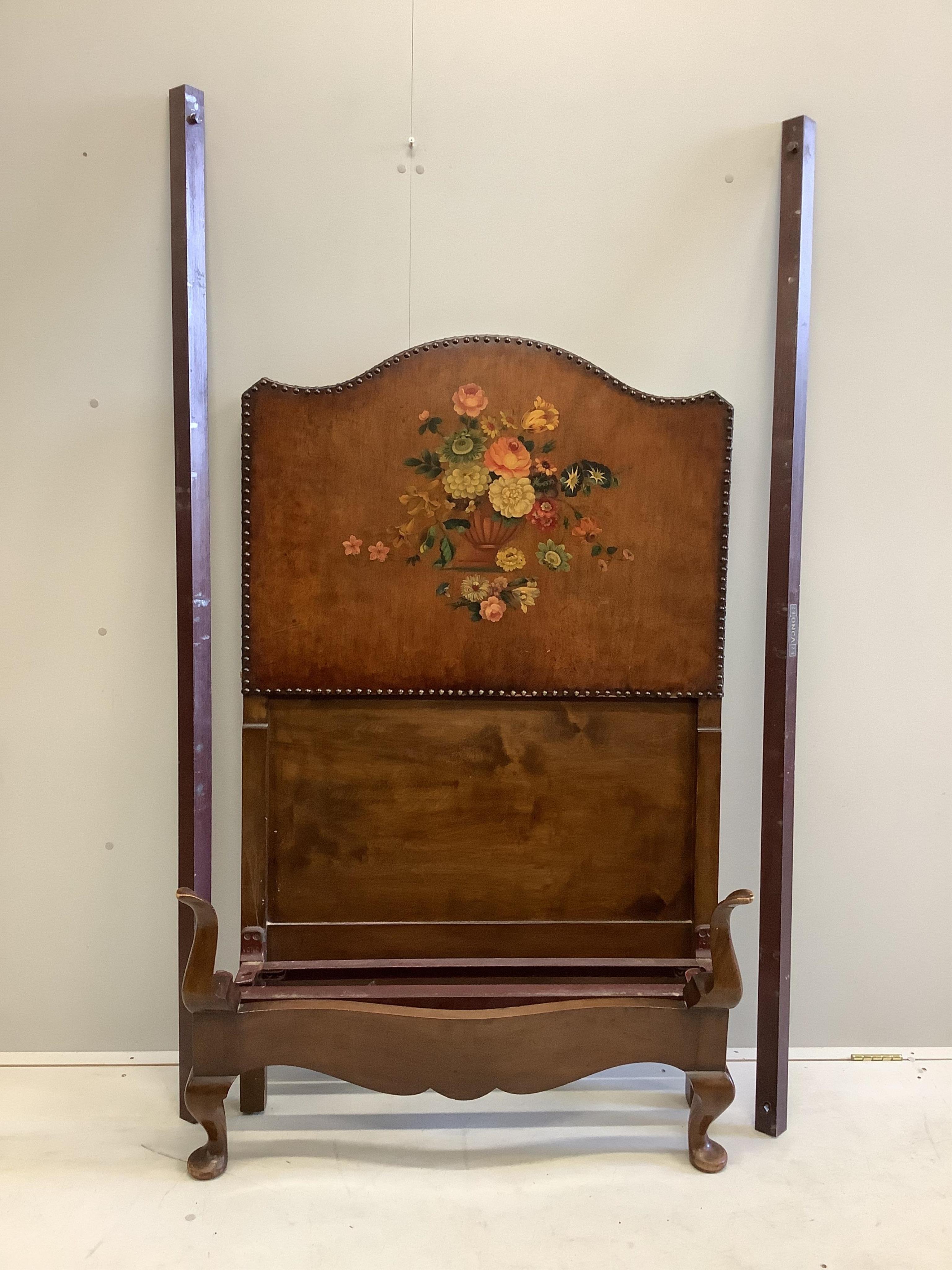 An early 20th century painted and studded leather single bedframe, length 204cm, width 92cm, height 148cm. Condition - good